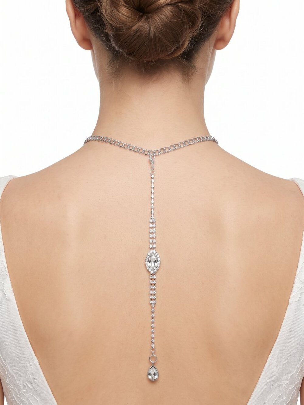 Silver-Tone Rhinestone Open-Back Dress Necklace Attachment Handmade USA WN81